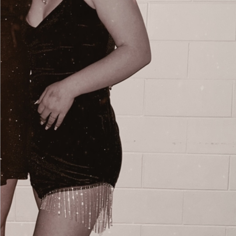 Elegant Navy Blue Dress with Sparkly Fringe Detail